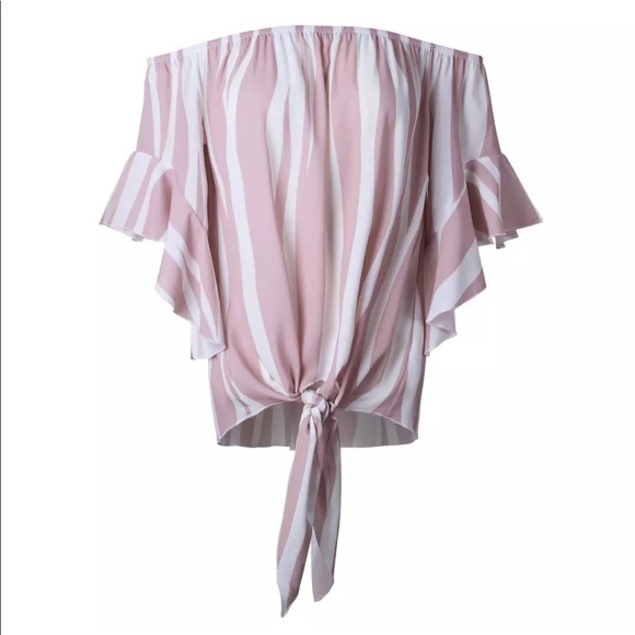 1 LEFT! Pink Stripe Off Shoulder Top W/ Tie Front - Picture 6 of 8